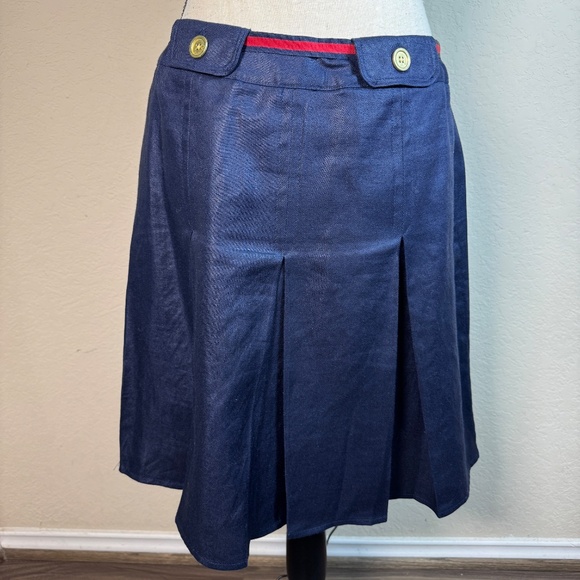 Navy Blue Pleated Midi Skirt Red Belt - Picture 5 of 8